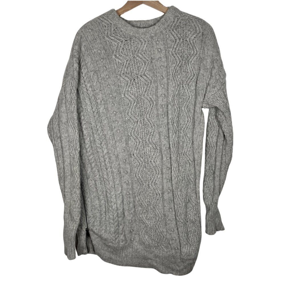 JCREW Size Medium 100% Wool Cable Knit Fisherman Asymmetrical Zip Gray Sweater